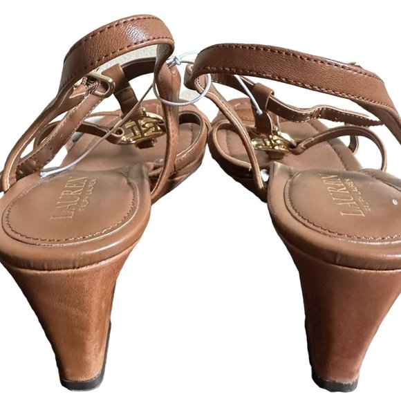 Ralph Lauren Wedge Sandals with Tan Leather Straps & Gold "RL" Emblem Size 8.5B - Picture 4 of 5